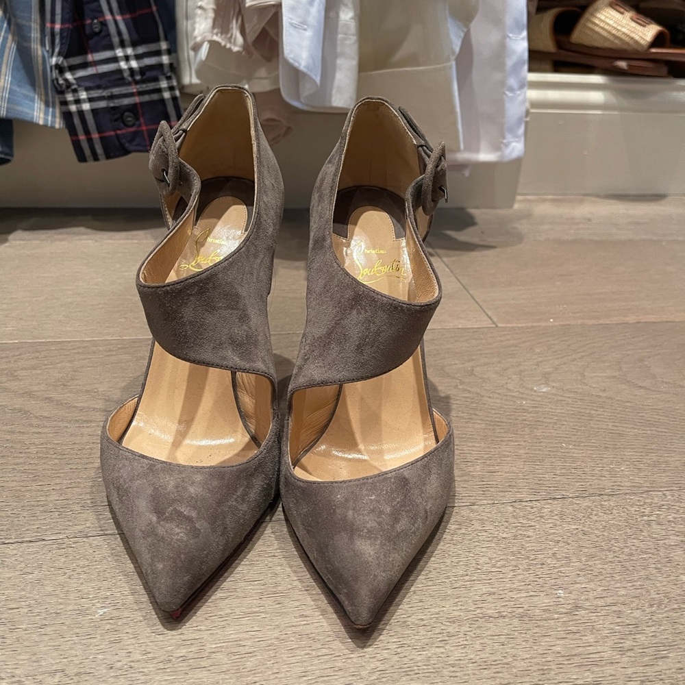 Christian Louboutin Grey Suede Sharpeta Ankle Strap Pumps Size 38